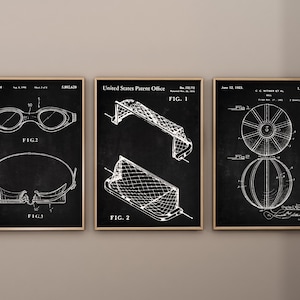 May include: Three black and white patent drawings on a chalkboard background. The first drawing shows a pair of swimming goggles. The second drawing shows a football goal. The third drawing shows a basketball.