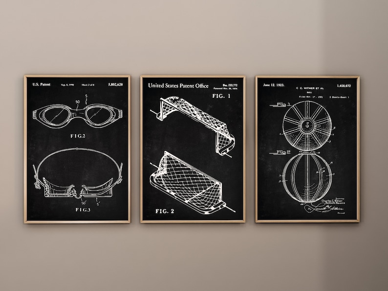 May include: Three black and white patent drawings on a chalkboard background. The first drawing shows a pair of swimming goggles. The second drawing shows a football goal. The third drawing shows a basketball.