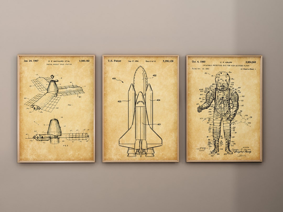 Space Patent Art Prints, Set of 3: Shuttle, Satellite, Astronaut Suit ...