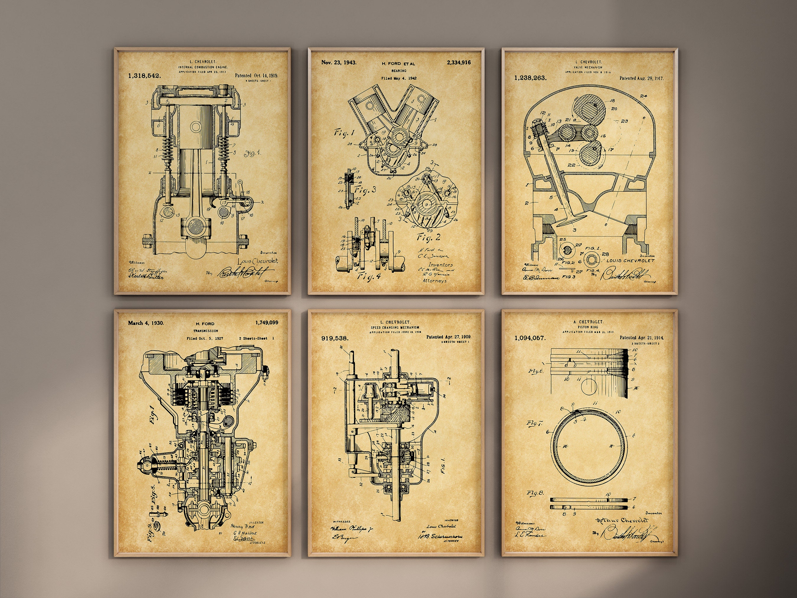Motor Komponenten Patentdruck, 6er Set, Motor Lager Druck, Garrage Wand Kunst, Getriebe Blueprint, Piston Poster, Digitaler Download