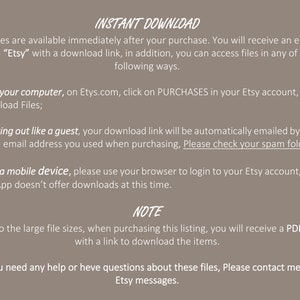 May include: Text explaining how to download digital files purchased on Etsy. The text mentions downloading from a computer, as a guest, or from a mobile device. It also notes that large files will be sent as a PDF with a download link. The text ends with instructions to contact the seller via Etsy messages for help.