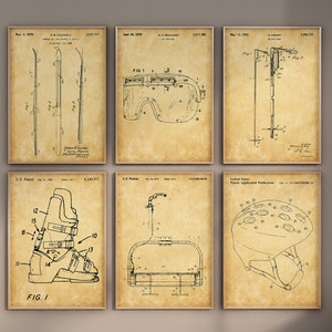 Skiing Patent Prints, Set of 6, Skiing Wall Art, Ski Blueprint, Ski Boots Poster, Ski Poles Print, Winter Sports Decor, Digital Download