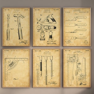 Workshop Tools Patent Prints, Set of 6, Hammer Print, Carpenter&#39;s Wall Art, Handsaw Blueprint, Woodworking Art, Home Decor, Digital Download