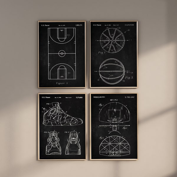 Impresiones de patentes de baloncesto, conjunto de 4, impresiones de baloncesto, arte de pared de baloncesto, campo de baloncesto, diseño de zapatillas, regalo de fan de la NBA, descarga digital