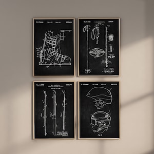 Skiing Patent Prints, Set of 4, Skiing Wall Art, Ski Blueprint, Ski Boots Poster, Ski Poles Print, Winter Sports Decor, Digital Download