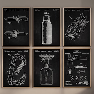 Op de afbeelding: Een set van zes zwart-witte vintage patenttekeningen van camping- en outdooruitrusting. De tekeningen omvatten een mes, een waterfles, een tang, een karabijnhaak, een campingfornuis en een bijl.