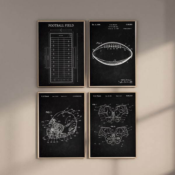 Football Patent Prints, Set of 4, Football Prints, Football Wall Art, Football Helmet, Football Armor, Football Field, Digital Download