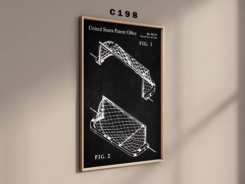 May include: Black and white illustration of a patent drawing for a football goal. The drawing shows two different views of the goal, labelled "FIG. 1" and "FIG. 2". The patent information includes the text "United States Patent Office" and "Des. 223,771 Patented Nov. 20, 1954".