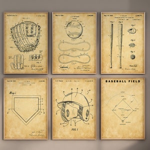 Baseball Patentdrucke, 6er Set, Baseball Drucke, Baseball Wandkunst, Baseballmütze, Baseballfeld Diagramm, Baseball Kunst, digitaler Download