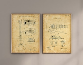 Guitar Patent Prints, Set of 2, Guitar Patent Print, Musical Instrument Wall Art, Guitar Blueprint, Band Poster, Digital Download