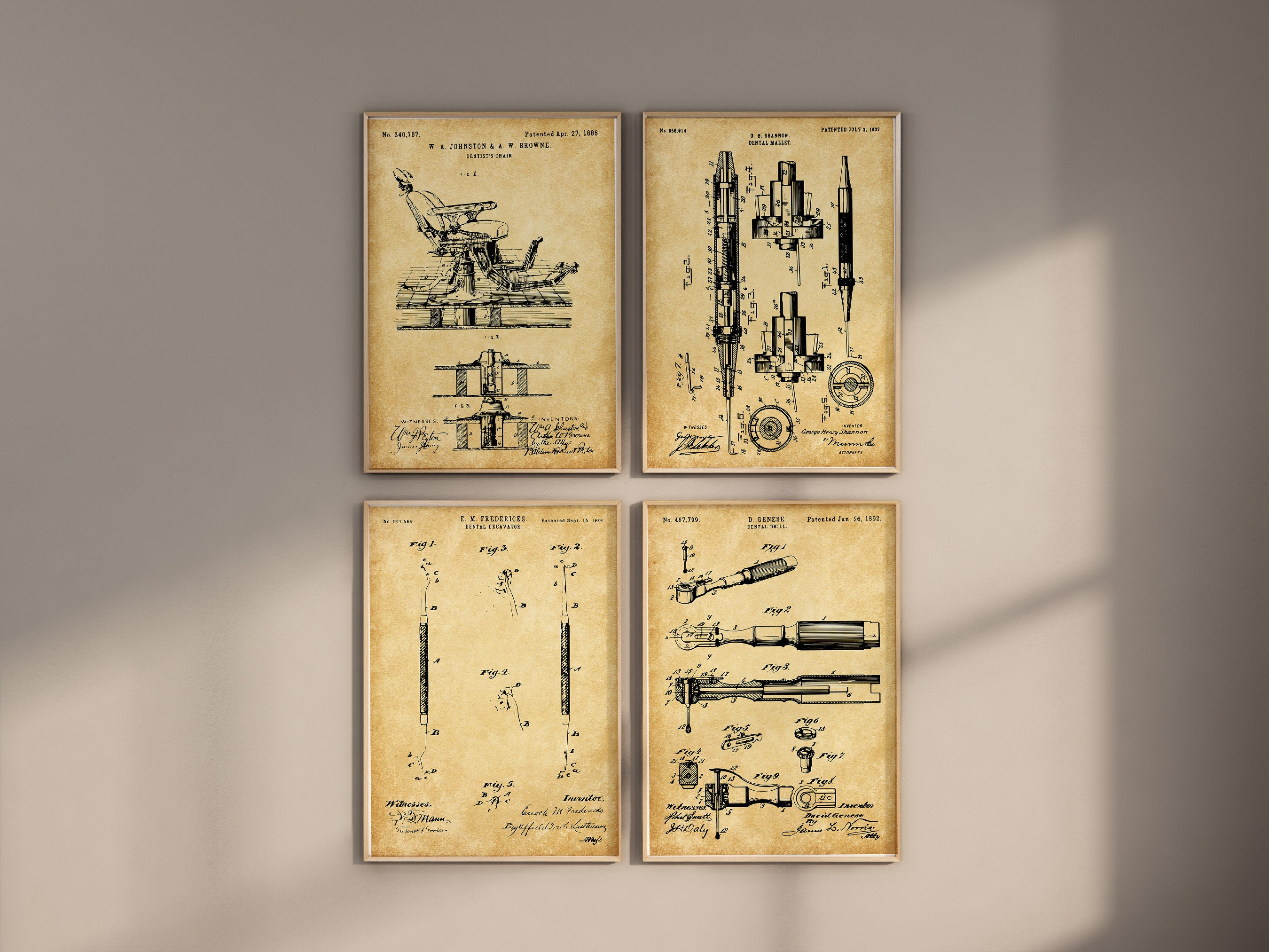 Dental Clinic Patent Prints, Set of 4, Dental Chair Patent Print, Dentist Wall Art, Dental Mallet Blueprint, Dental Drill, Digital Download