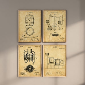 Impresiones de patentes de whisky, conjunto de 4, impresión de barril de whisky, decoración de bar, patente de bourbon, cartel de whisky, arte inmóvil de bourbon, descarga digital