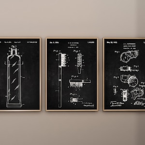 Zahnpatent Drucke, 3er Set, Zahnbürste Print, Zahnseide Kunst, Patent Print, Zahnpasta Druck, Badezimmer Wandkunst, digitaler Download