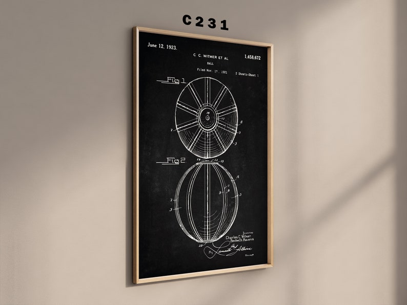 May include: A black and white patent drawing of a ball design. The drawing shows two views of the ball, one from the side and one from the top. The patent number is 1,458,672 and the date is 12 June 1923.