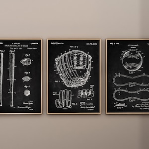 Baseball Patent Prints, Set of 3, Baseball Prints, Baseball Wall Art, Baseball Art, Baseball Bat, Kidsroom Baseball Decor, Digital Download