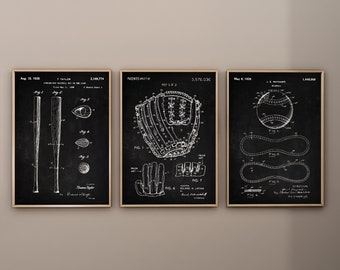 Stampe artistiche di brevetti di baseball, set di 3, decorazioni per la cameretta dei bambini (download digitale)