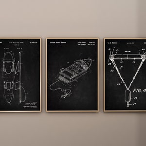 Waterski-patentafdrukken, set van 3, decor waterskiën, blauwdruk speedboot, poster slalom, waterskiën, print watertrekhaak, digitale download