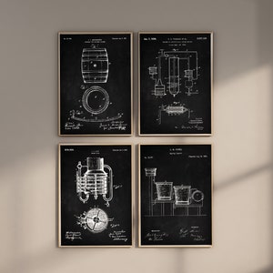 Whiskyoctrooiafdrukken, set van 4, whiskyvatafdruk, bardecor, bourbonpatent, whiskyposter, bourbonstill kunst, digitale download