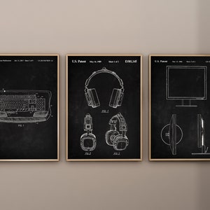 Gaming Patent Prints, Set of 3, Video Game Print, Gaming Keyboard Wall Art, Headset Blueprint, Game Room Decoration, Digital Download
