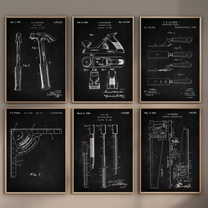 Workshop Tools Patent Prints, Set of 6, Hammer Print, Carpenter&#39;s Wall Art, Handsaw Blueprint, Woodworking Art, Home Decor, Digital Download