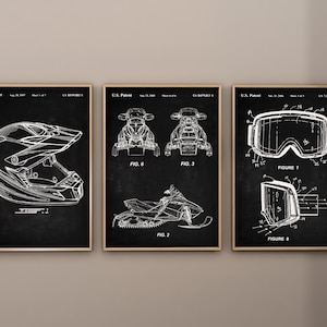 Snowmobile Patent Prints, Set of 3, Snowmobile Wall Art, Winter Sports Prints, Snowmobile Poster, Helmet Print, Goggle Art, Digital Download