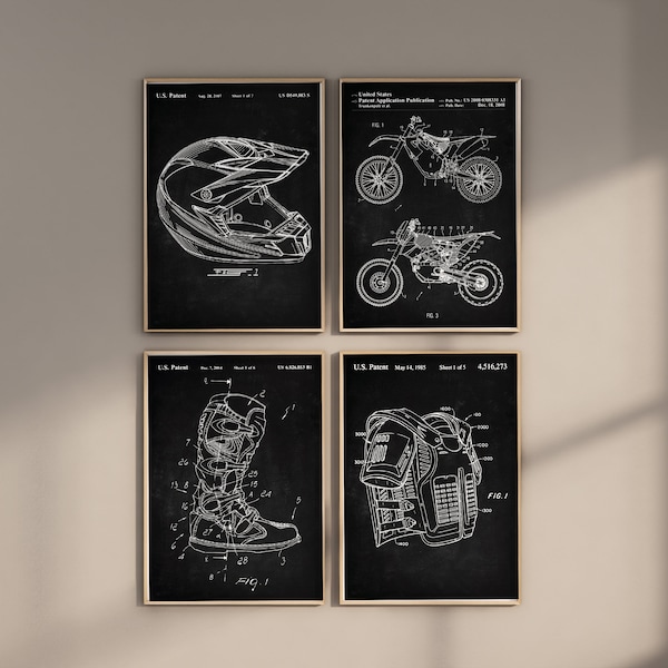 Dirt Bike Patent Prints, Set of 4, Dirt Bike Wall Art, Dirt Bike Prints, Dirt Bike Decor, Motocross Boots Blueprint, Digital Download