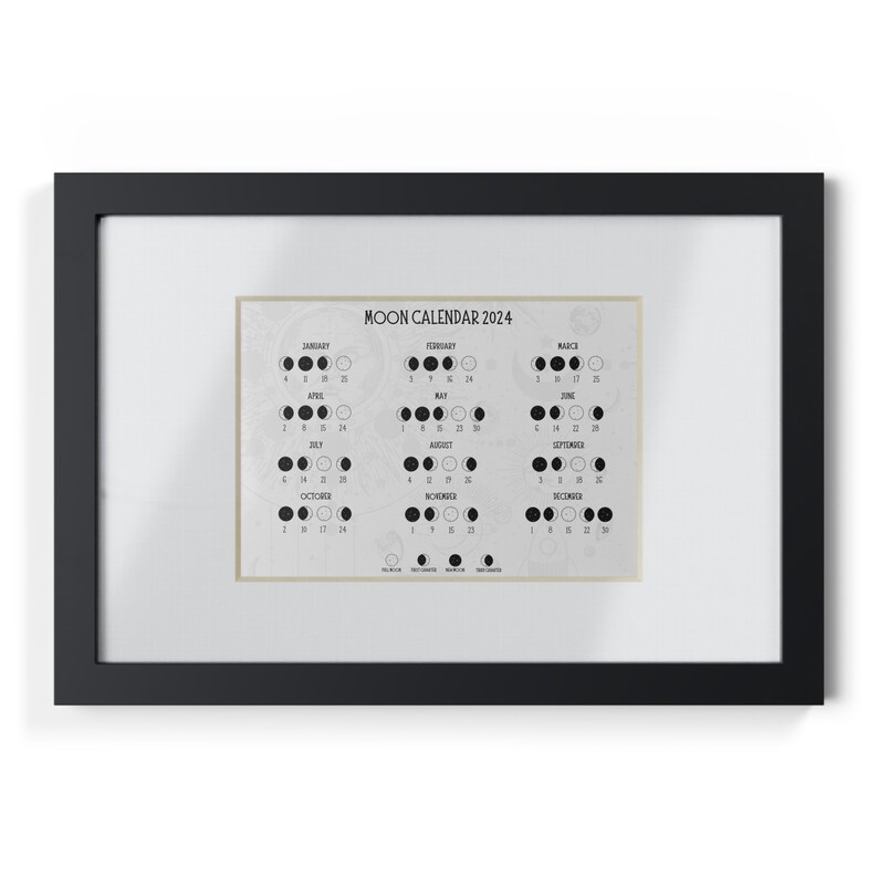 Moon Calendar 2024 Lunar Phases Printable in A4 PNG, JPEG, PDF Formats