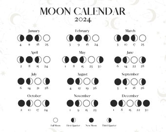 Calendrier lunaire 2024 Phases de la Lune Calendrier lunaire imprimable en format A4 - jpeg -pdf PNG Transparent Haute Qualité Téléchargement instantané