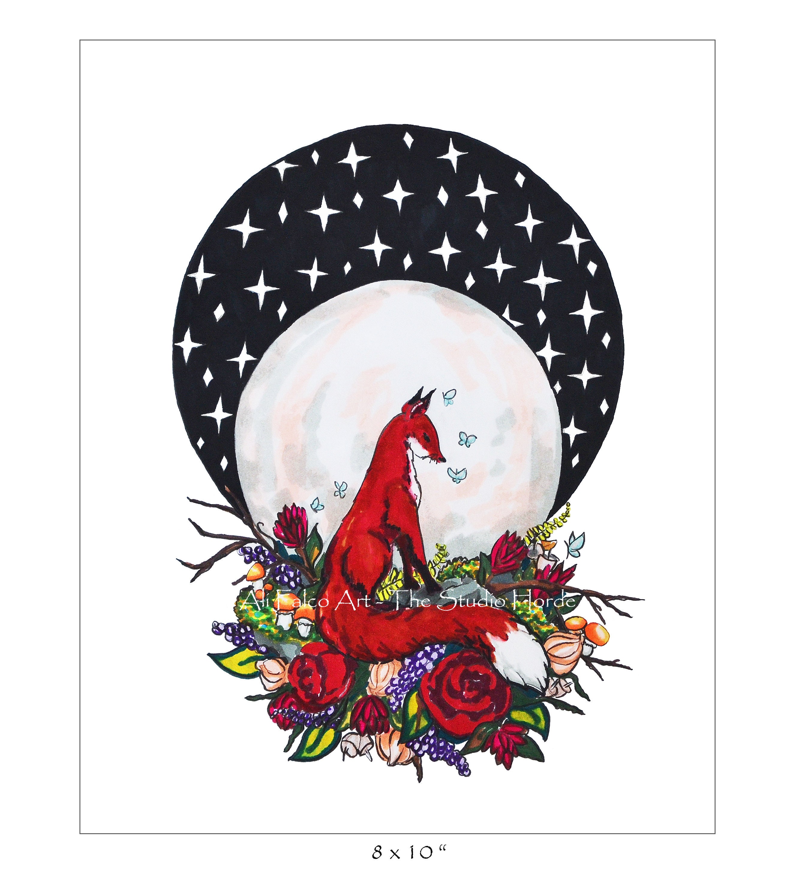 Nocturnal : Fox Moon Original Alcohol Marker Art Print by Ali