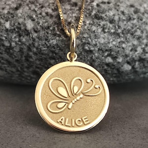 14K Solid Gold Butterfly Pendant with Custom Name - Elegant 14K Gold Medal, Unique Personalized Jewelry, Symbolic Gift Idea