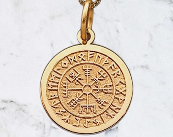 14k Solid Gold Vegvisir Pendant – Norse Viking Compass Necklace, Runic Protection Jewelry, Gift for Him