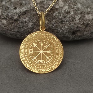 14k Solid Gold Vegvisir Pendant, Viking Compass Necklace, Gold Viking Jewelry, Runic Charm, Personalized Pendant