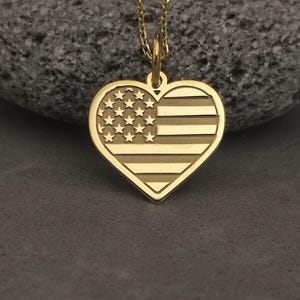 14K Solid Gold Heart Pendant  - Usa Flag Necklace, Patriotic Jewelry