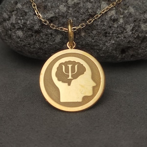 Colgante de psicología en oro macizo de 14 k con símbolo Psi: elegante collar de oro para psicólogos, graduados en psiquiatría y regalos personalizados.