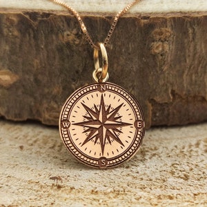 14k Solid Gold Compass Necklace, Gold Compass Pendant, 14k Sailor Pendant, Personalized Charm, Disc Necklace,