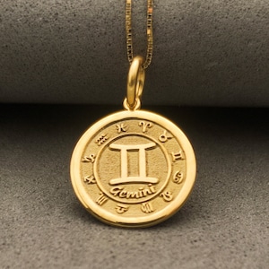 14K Solid Gold Gemini Pendant, Personalized Gemini Necklace, Gold Zodiac Necklace, Horoscope Pendant, Solid Gold Disc