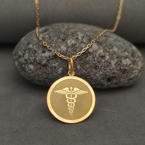 Collar de caduceo de oro macizo de 14 k, joyería con símbolo médico, regalo perfecto para médicos y enfermeras, colgante duradero y elegante