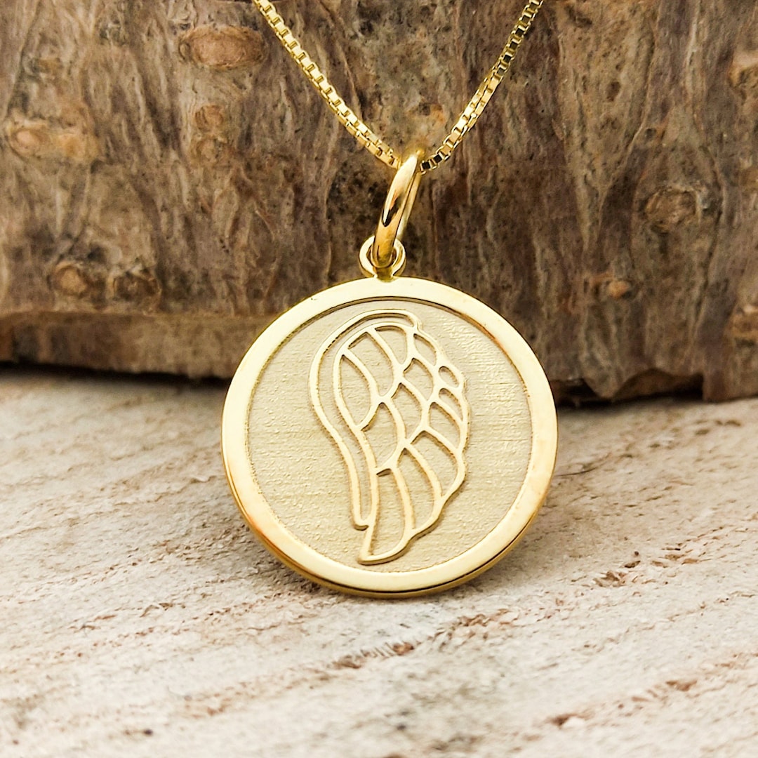 14k Solid Gold Angel Necklace, Gold Cherub Pendant for Her, Angel Wing