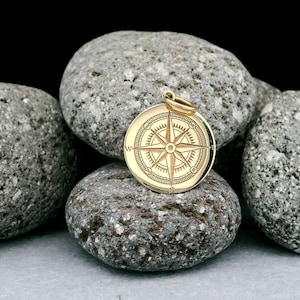 14k Solid Gold Compass Necklace, Gold Compass Pendant, 14k Sailor Pendant, Personalized Charm, Disc Necklace,