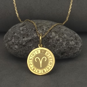 14K Solid Gold Widder Anhänger, personalisierte Widder Halskette, Sternzeichen Halskette, Horoskop Anhänger, Solid Gold Disc