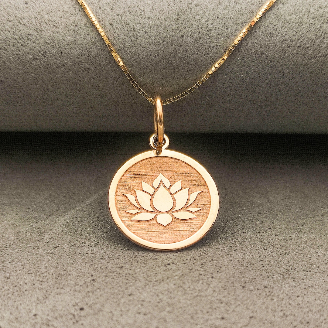 14k Solid Gold Lotus Pendant, Gold Flower Charm, Solid Disc