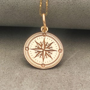 14k Solid Gold Compass Pendant, Compass Jewelry, Gold Jewels Pendant, Solid Rose Charm, Wind Rose, Disc Pendant