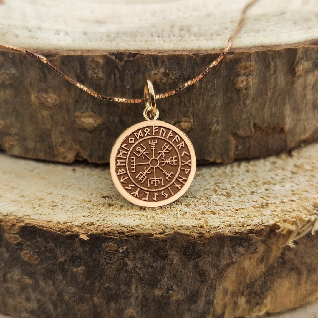 14K Real Solid Gold Vegvisir Vikings Compass Necklace , Personalized