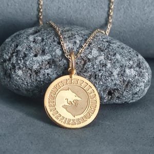14k Solid Gold Wolf Yin Yang Necklace, Personalized  Runes Yin Yang Pendant, Gold Yin Yang , Gift for Her, Gold Yin Yang pendant