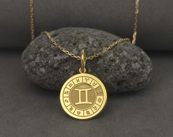 14K massief gouden Gemini-hanger, dierenriemketting, horoscoopsieraad, astrologische bedel