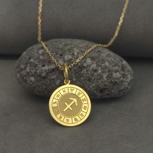 14K Solid Gold Schütze Anhänger, Horoskop Anhänger, Gold Sternzeichen Halskette, Gold Horoskop Halskette, Sternzeichen Symbol