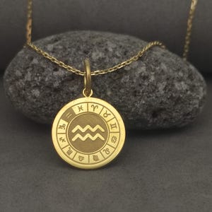 14K Solid Gold Aquarius Pendant, Personalized Aquarius Pendant, Gold Zodiac Aquarius Necklace, Aquarius Zodiac Sign Pendant