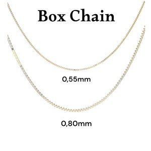May include: Two gold-coloured box chain necklaces displayed against a white background. The top chain is labelled 0.55mm and the bottom chain is labelled 0.80mm. The text "Box Chain" is printed at the top of the image in a black serif font.