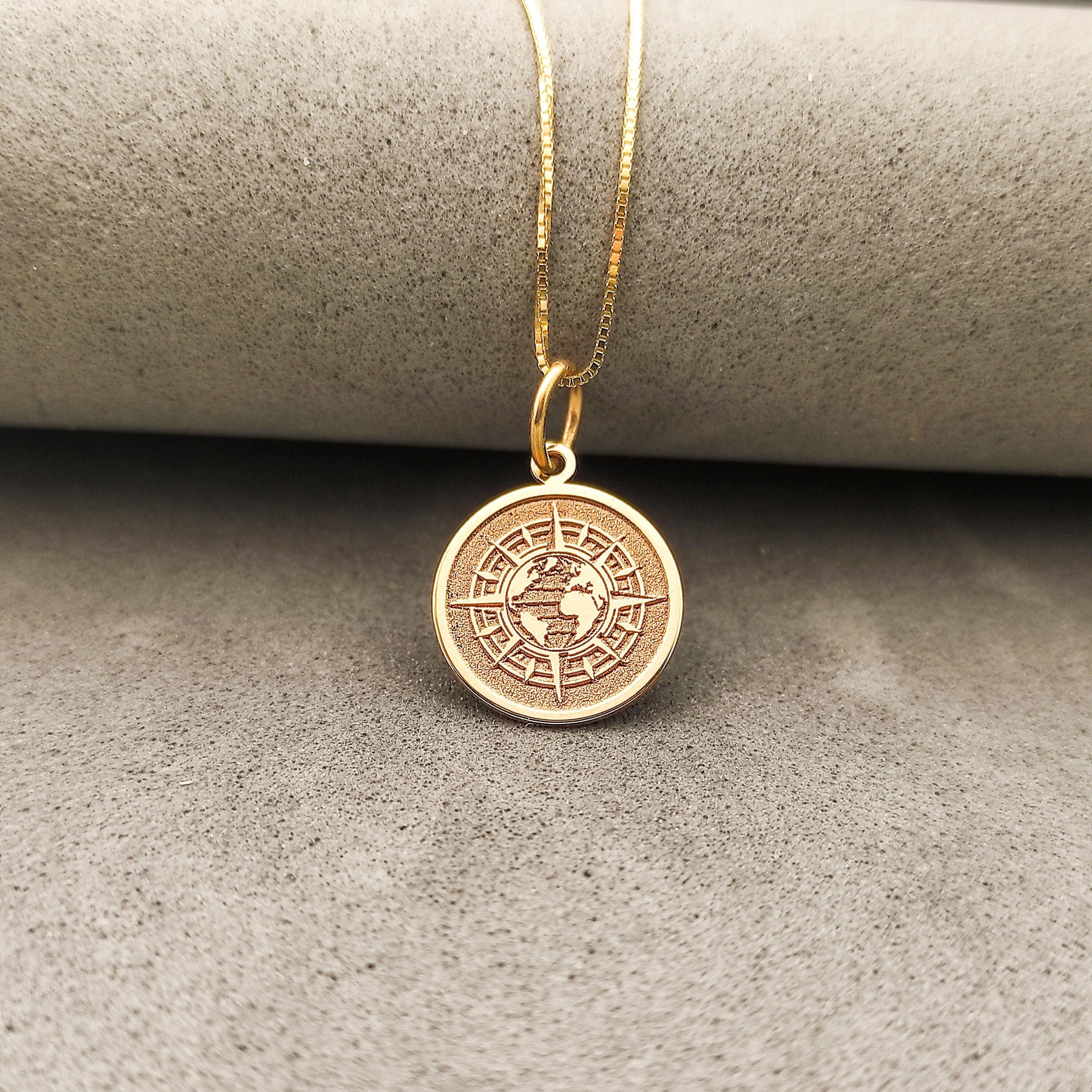 14kt gold compass earth pendant, gold compass world necklace, graduation gift, spiritual necklace, norse jewelry