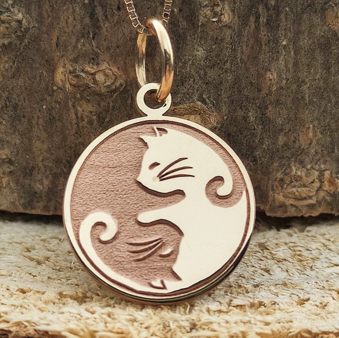 14k Solid Gold Cat Yin Yang Necklace, Personalized Cat Yin Yang Pendant